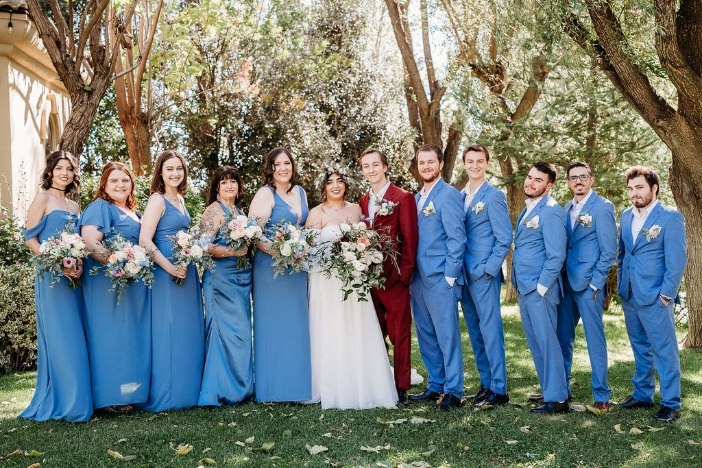 wedding party powder blue, grooms men and groom, bridal party and bride