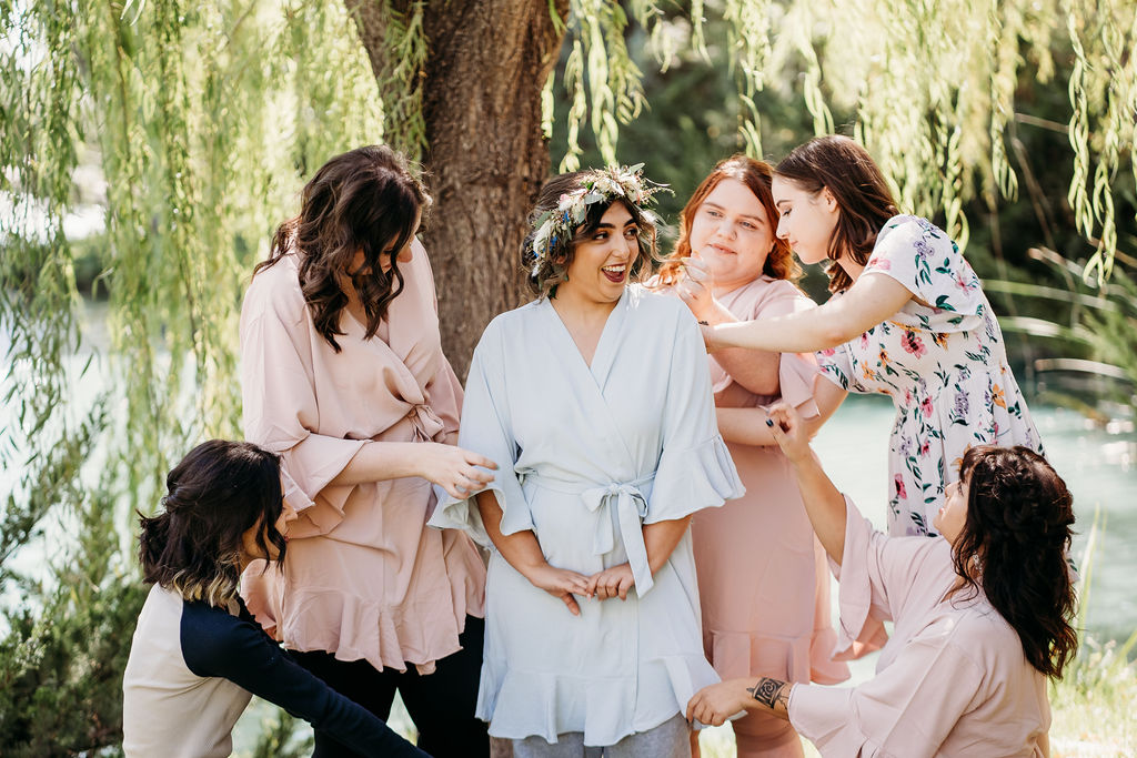 bride and wedding party in robes, bridal party, bride in flower crown