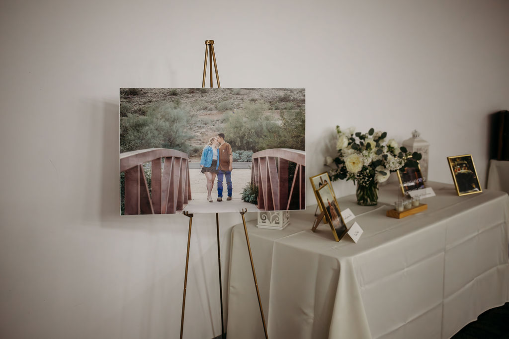 wedding details, engagement photo display at wedding