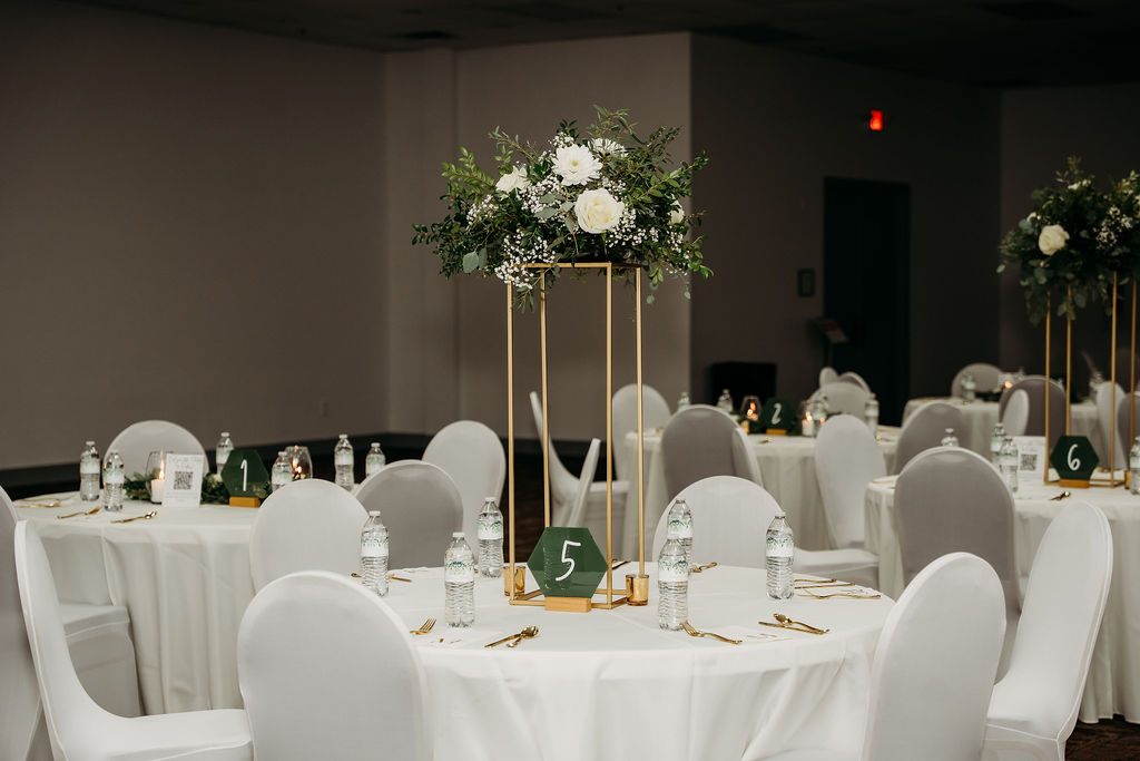 wedding table decor, tall gold tower with white roses