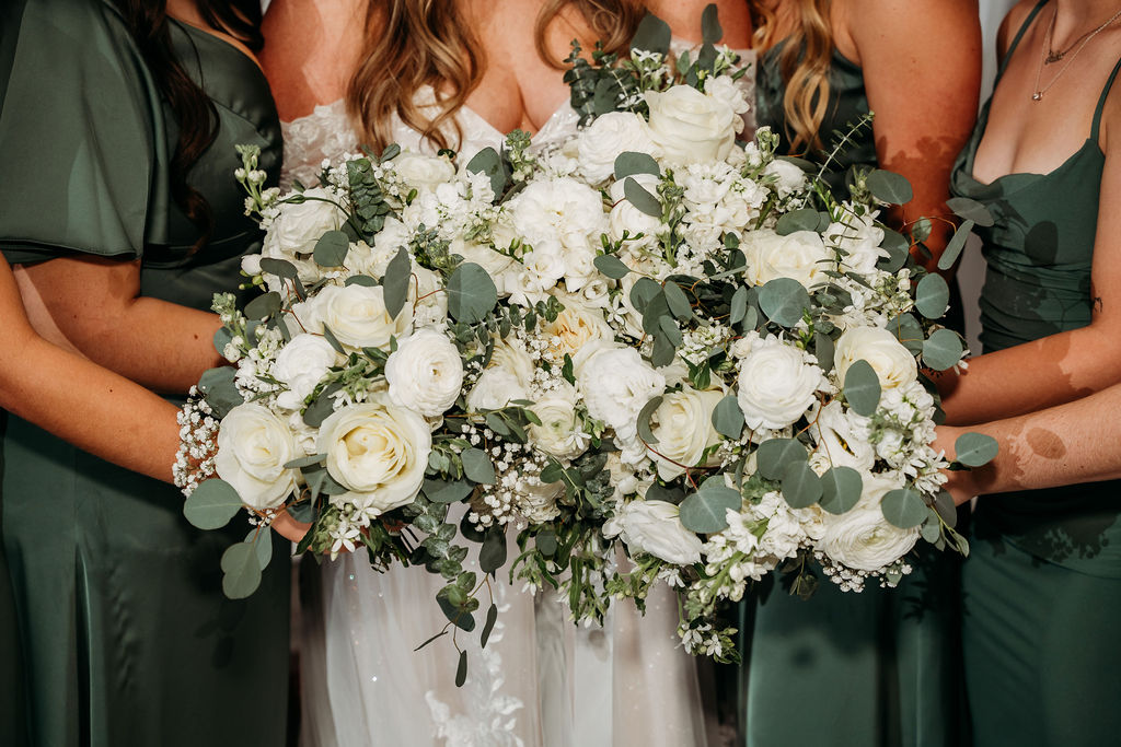 wedding bouquets, bride and bridal party wedding bouquets, white rose and sage wedding bouquets