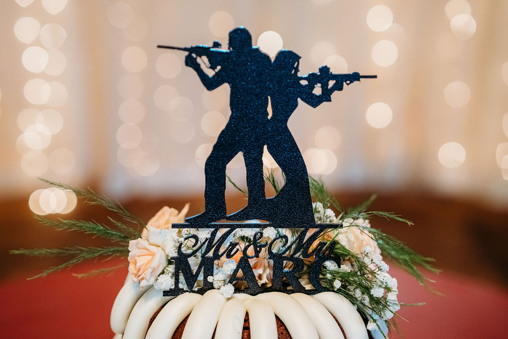 nothing bundt cake, wedding cake topper with rifles