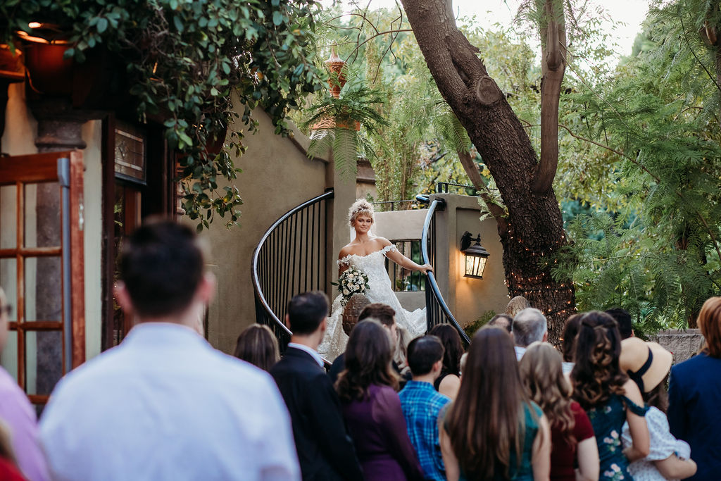 provencal at the wright house, stairway wedding procession, wright house wedding