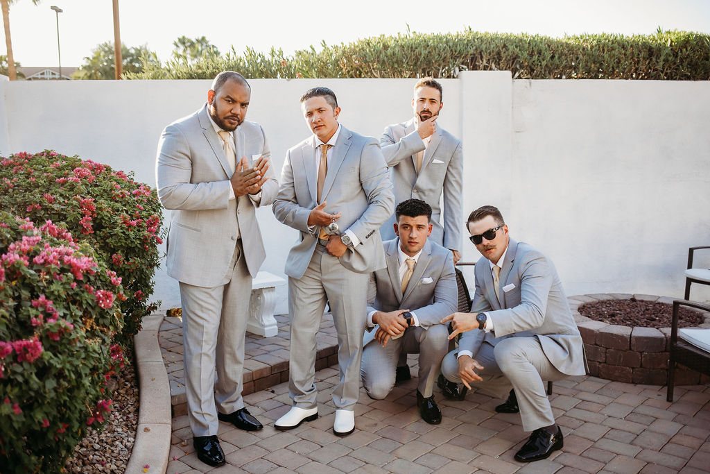 groom and groomsmen portraits, groom and groomsmen at the cottage in gilbert, az