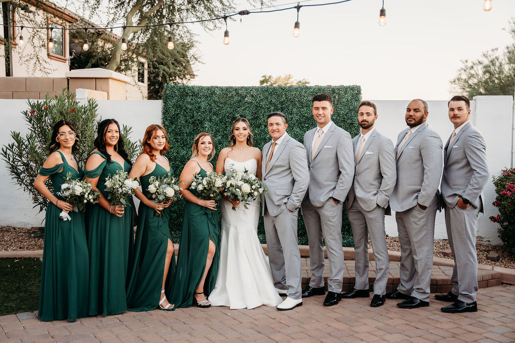 arizona wedding at the cottage in gilbert, wedding party portraits, forest green and grey wedding color scheme
