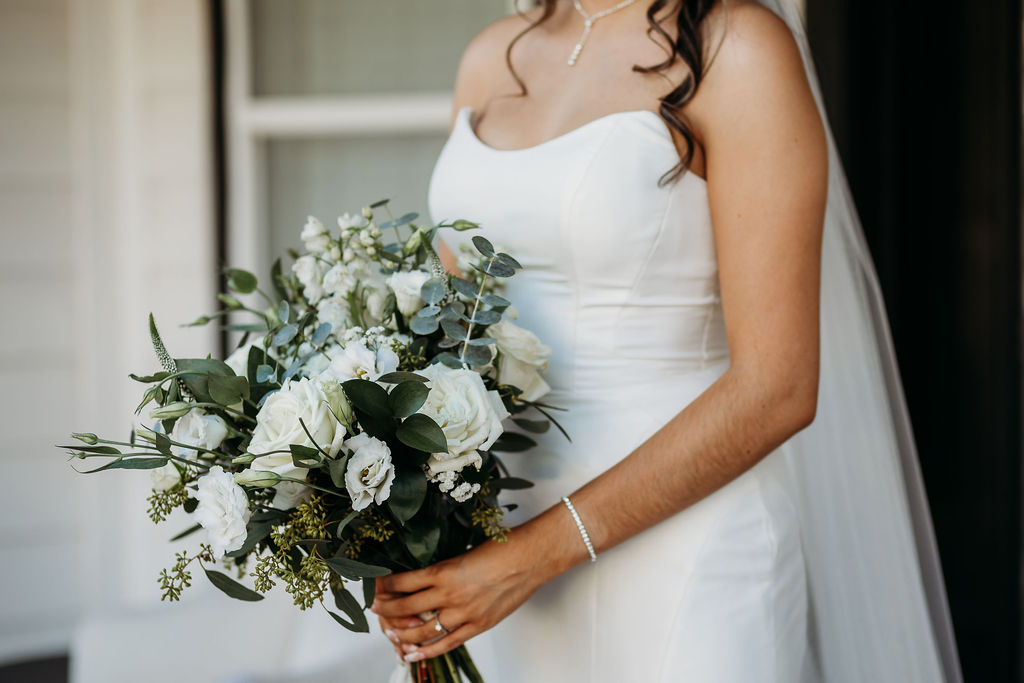 bridal bouquet, white roses and eucalyptus, wedding reception, cottage wedding venue in gilbert, arizona