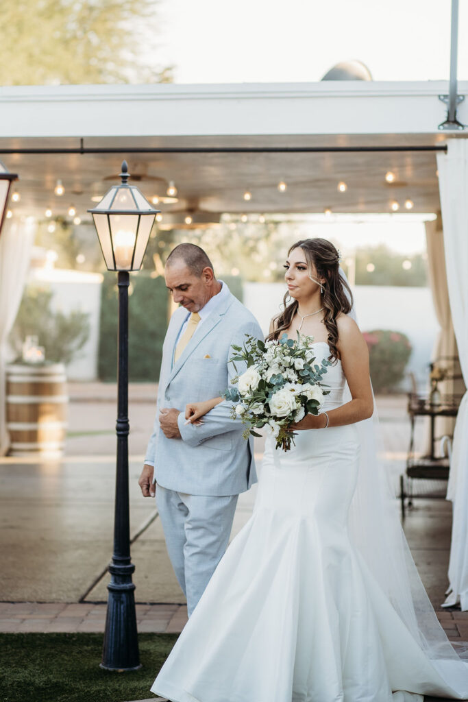 arizona wedding at the cottage in gilbert, father of the bride walking bride down the aisle