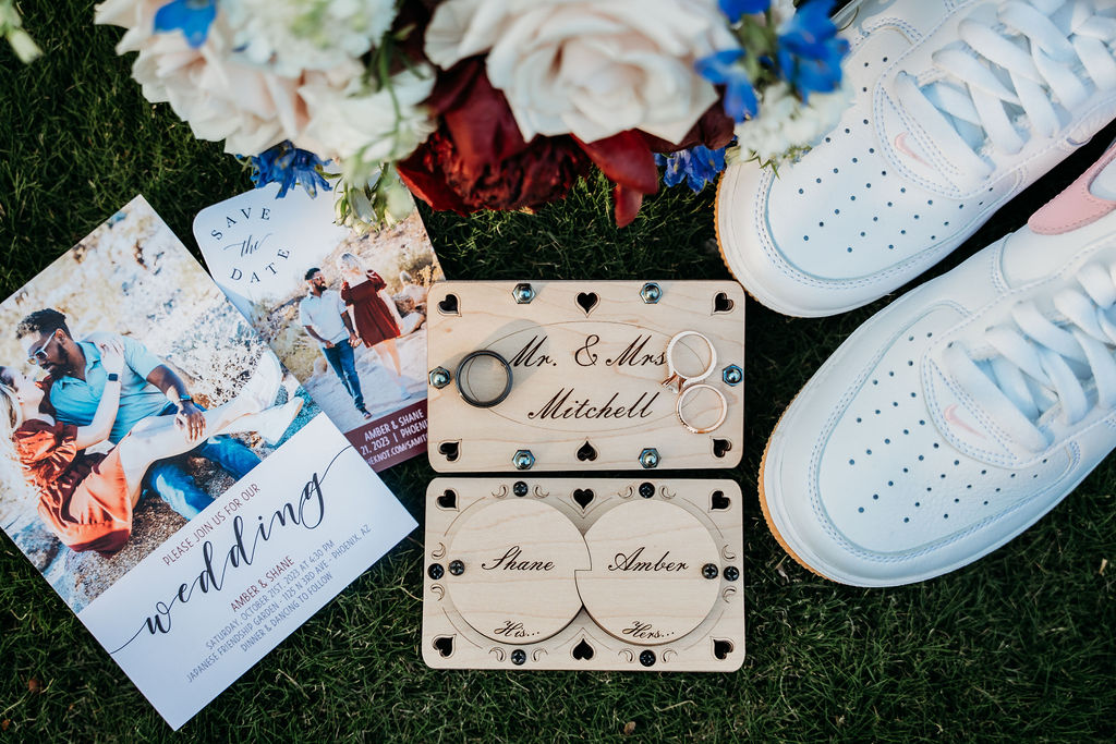 Wedding details at Japanese Friendship Garden Arizona. athletic shoes for wedding