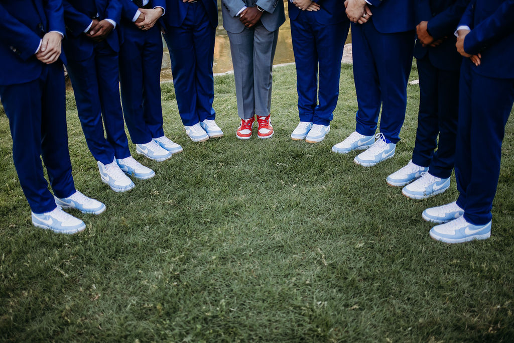 Wedding details at Japanese Friendship Garden Arizona. athletic shoes for wedding, groomsmen in athletic shoes