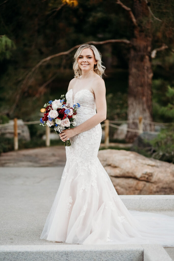 Bridal portraits at Japanese Friendship Garden Arizona. sweetheart cut wedding dress, intricate floral details on wedding dress