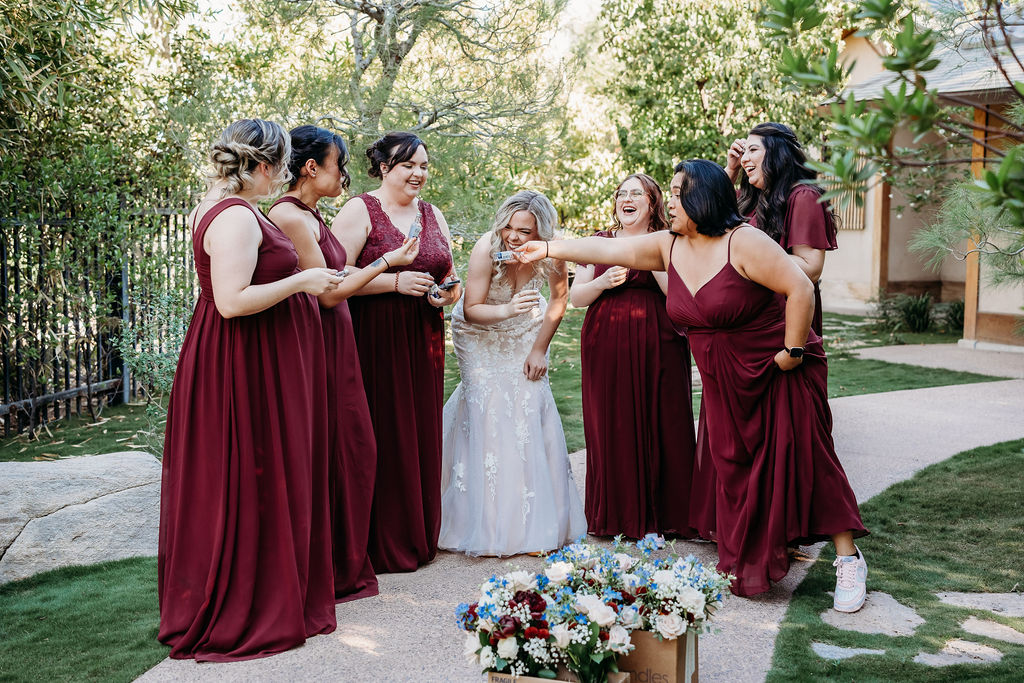 bridal party portraits at Japanese Friendship Garden Arizona. bridal party in maroon dresses