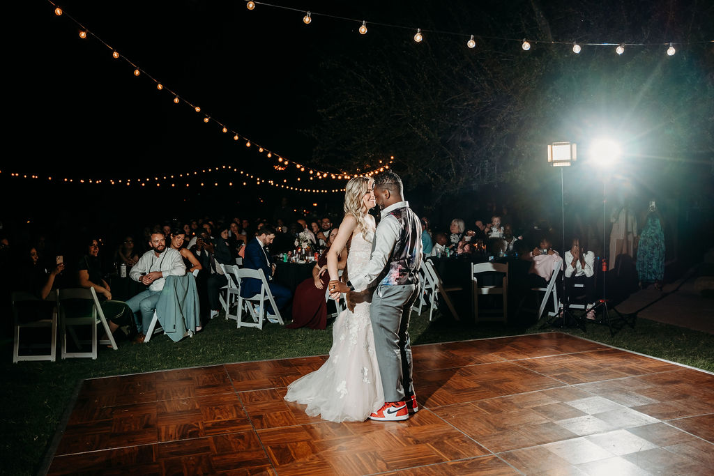 Bride and Groom first dance at wedding reception at Japanese Friendship Garden Arizona