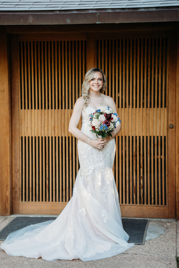 Bridal portraits at Japanese Friendship Garden Arizona. sweetheart cut wedding dress, intricate floral details on wedding dress