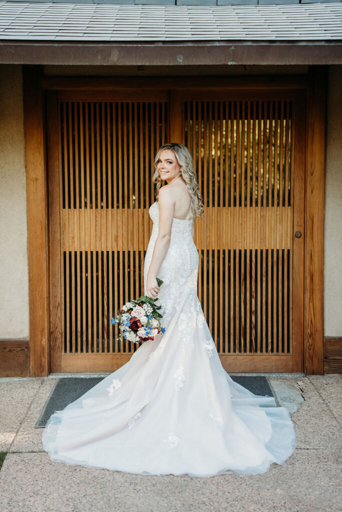 Bridal portraits at Japanese Friendship Garden Arizona. sweetheart cut wedding dress, intricate floral details on wedding dress