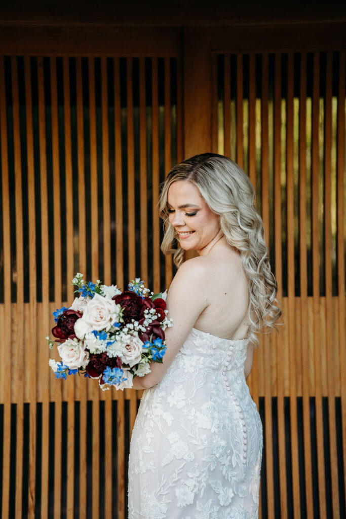 Bridal portraits at Japanese Friendship Garden Arizona. sweetheart cut wedding dress, intricate floral details on wedding dress