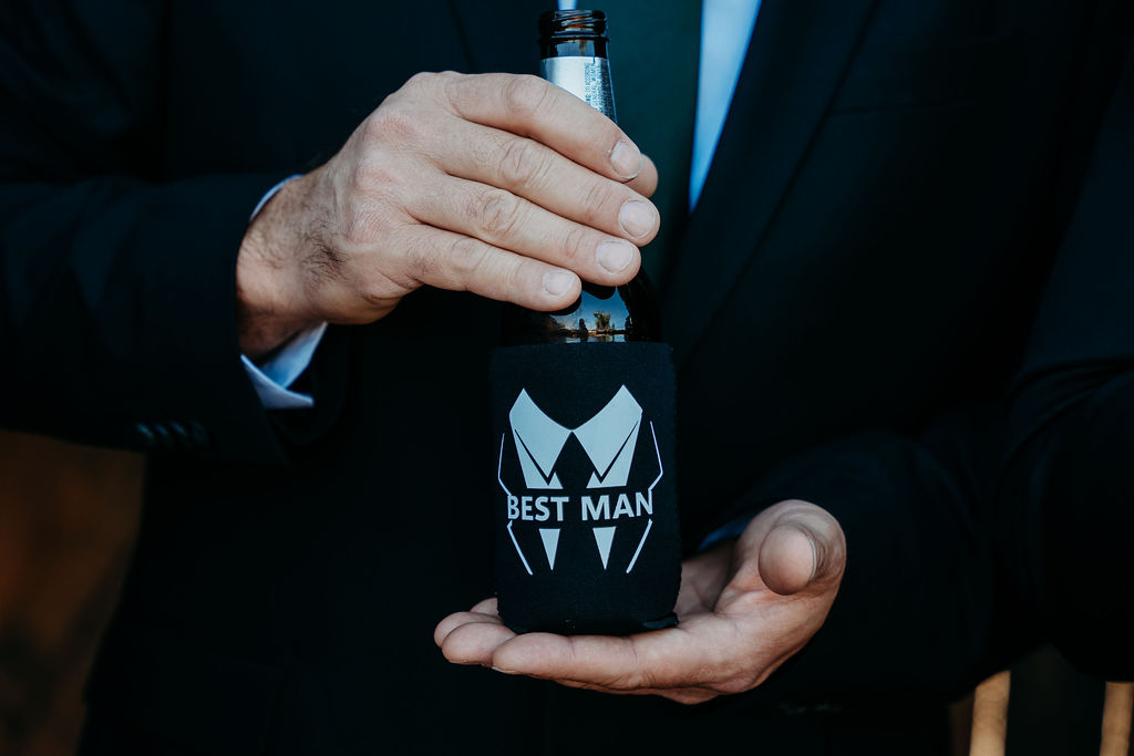 venue at chilleens, arizona wedding photographer, wedding details, personalized beer koozies, grooms gifts