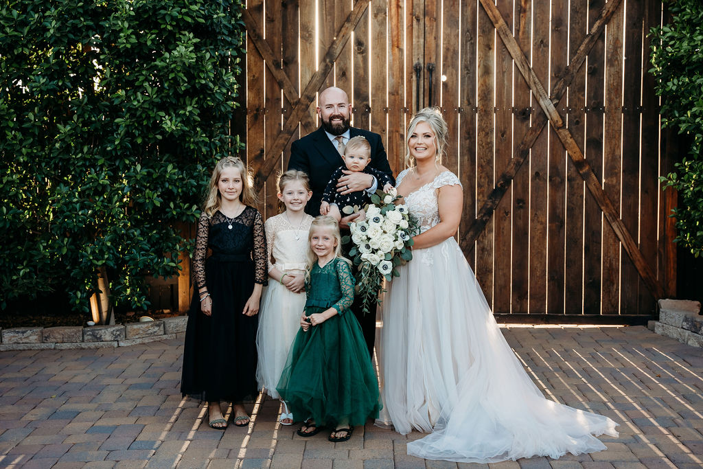 venue at chilleens, arizona wedding photographer, wedding portrait, second marriage wedding, bride and groom with children