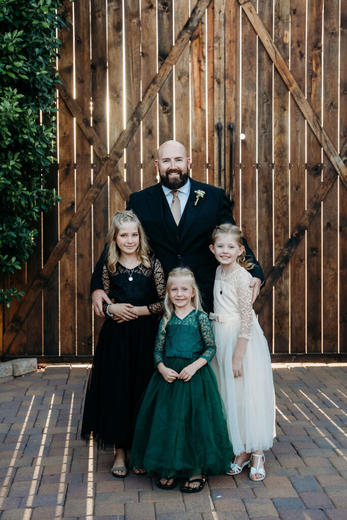 venue at chilleens, arizona wedding photographer, groom with daughters, second marriage wedding photos