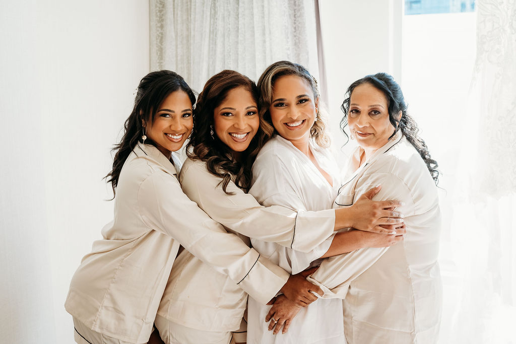 bride getting ready with bridesmaids and mom in silk pajamas, The Westin Tempe