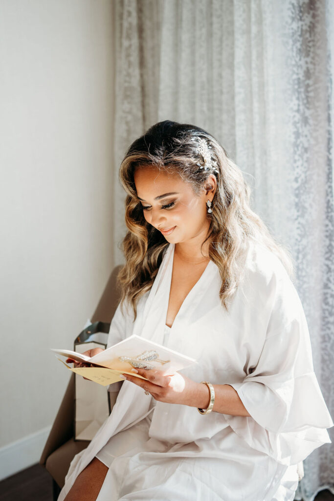 bride getting ready opening up gift, The Westin Tempe