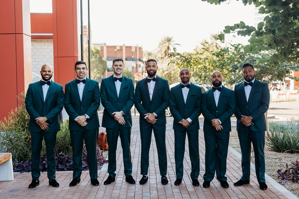 groom and groomsmen, papago golf club, forest green tux