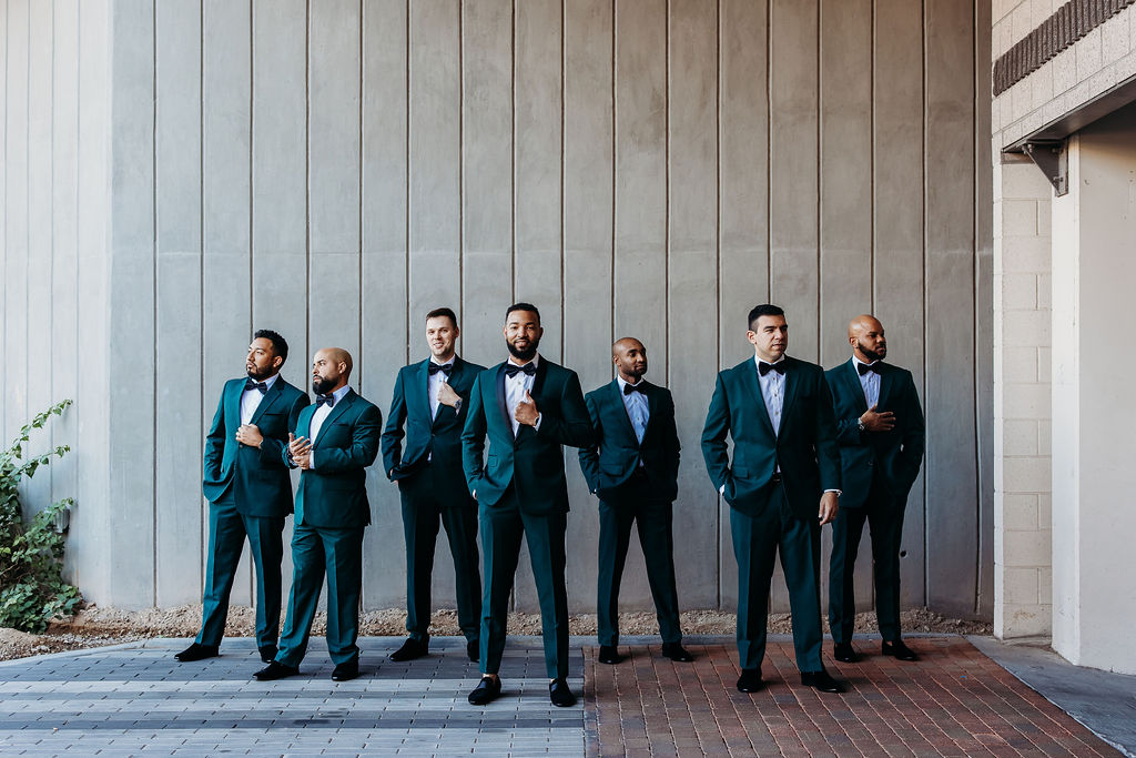 groom and groomsmen, papago golf club, forest green tux