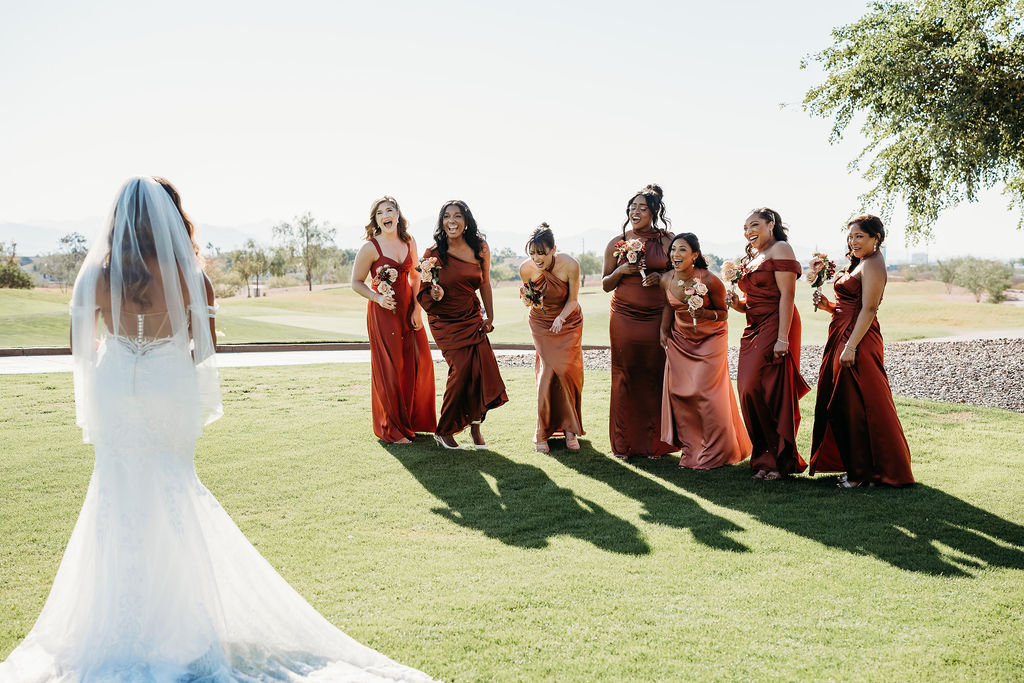 papago golf club, first look with bridesmaids, burnt orange bridesmaid dresses