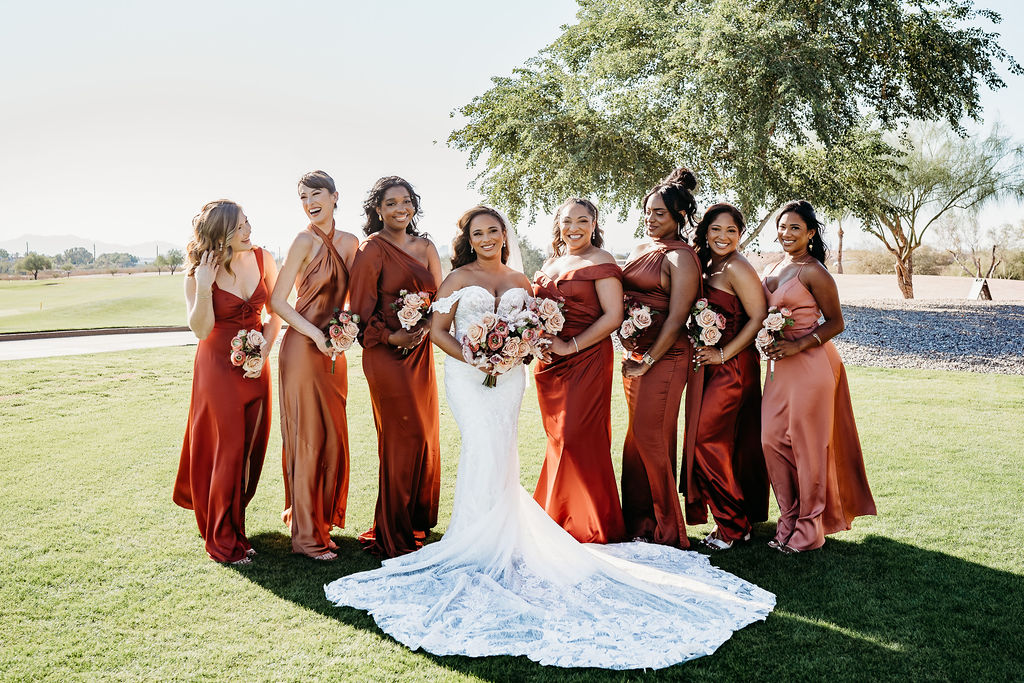 bride with bridesmaids, papago golf club, arizona wedding photographer