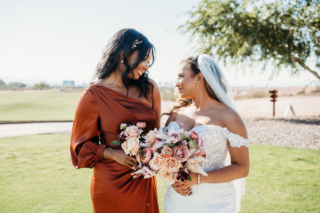 bride and bridesmaid, burnt orange bridesmaid dress