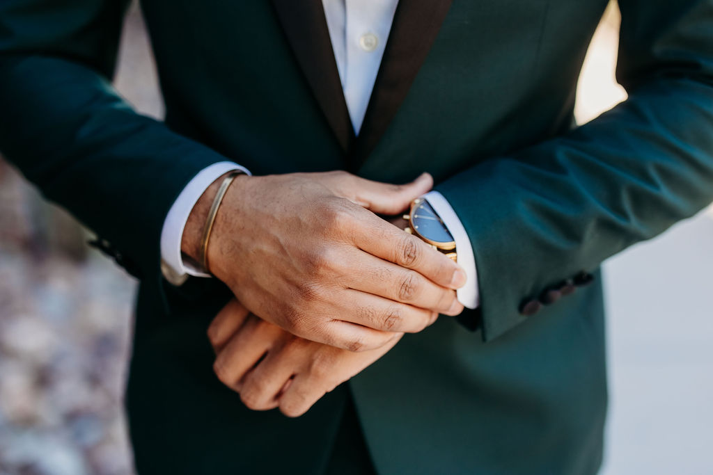 groom in forest green tux, mens gold watch