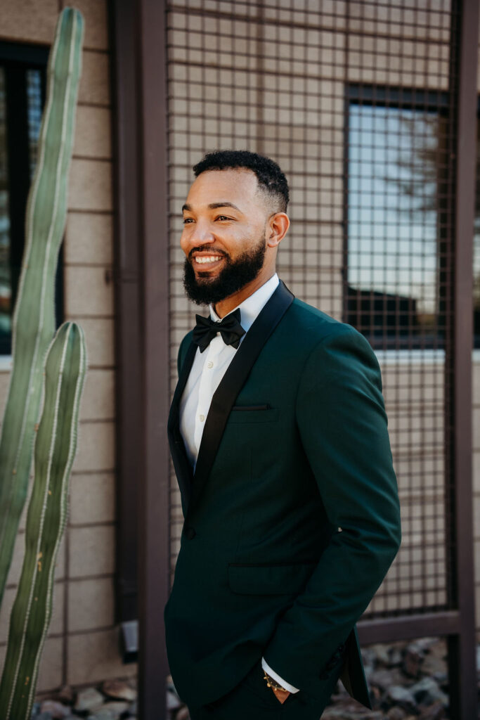 groom in forest green tux, papago golf club