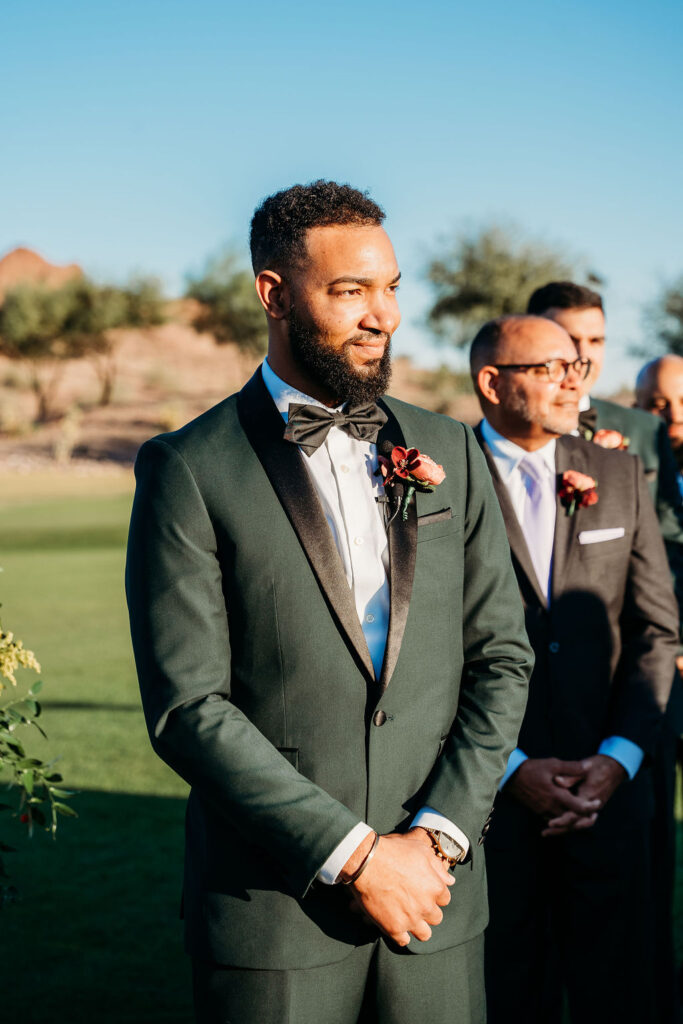 groom looking at bride, papago golf club wedding ceremony, arizona wedding photographer