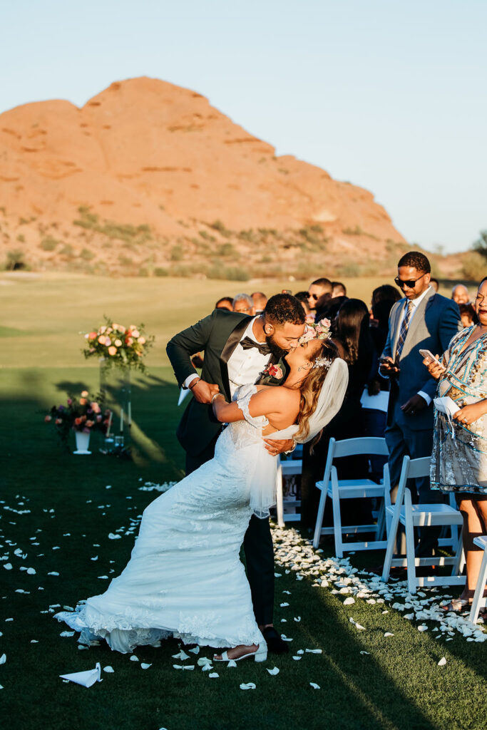 papago golf club wedding ceremony, arizona wedding photographer, desert mountain wedding, wedding cermony exit