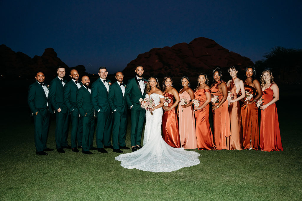 papago golf club wedding reception, arizona wedding photographer, wedding party poses, forest green tux, burnt orange bridesmaid dress