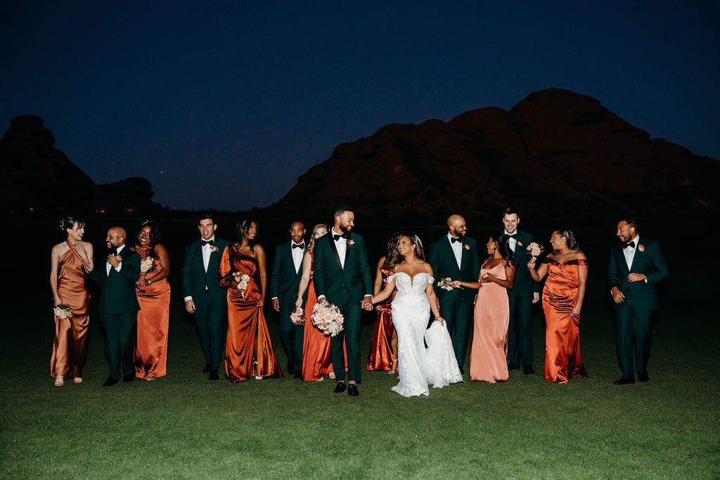 papago golf club wedding reception, arizona wedding photographer, wedding party poses, forest green tux, burnt orange bridesmaid dress