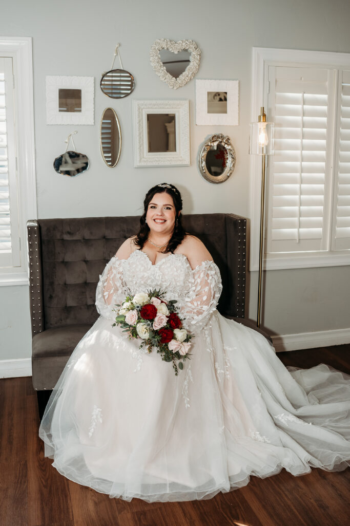 Bride getting ready, arizona wedding photographer. Sweetheart wedding dress with delicate puff shoulder sleeves with intricate leaf details. Bridal portraits