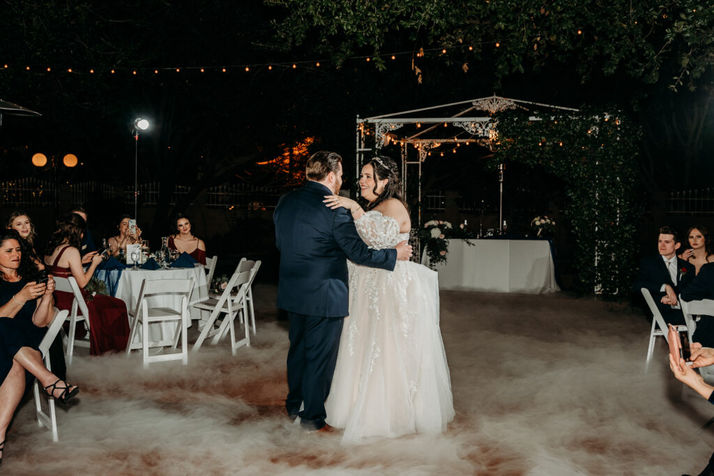 Wedding reception at Stonebridge Manor. Couples first dance with fog.