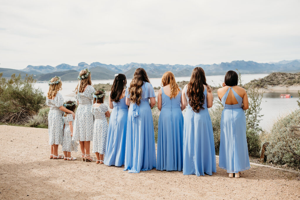 Bride first look with bridesmaids, bridesmaid in baby blue dresses, Desert Outdoor Center at Lake Pleasant