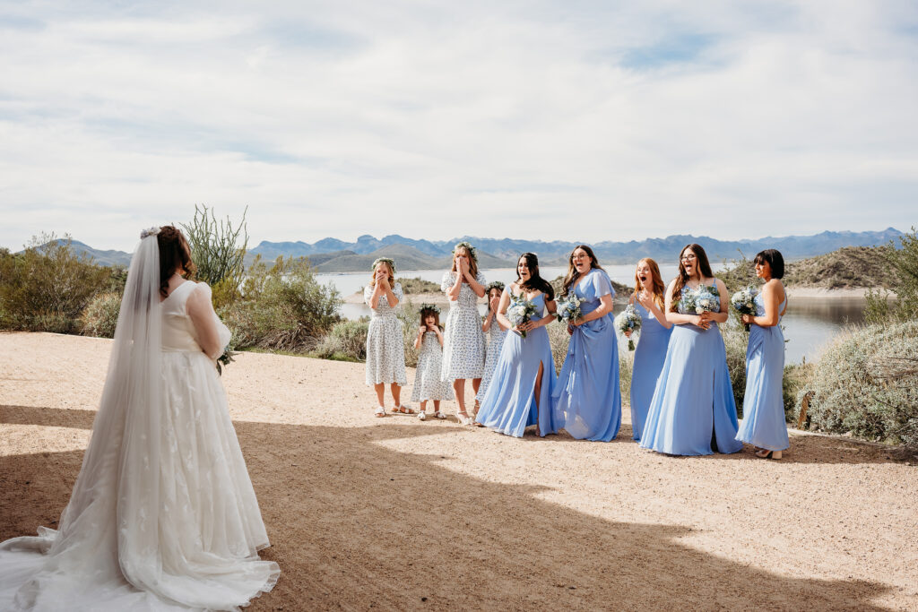 Bride first look with bridesmaids, bridesmaid in baby blue dresses, Desert Outdoor Center at Lake Pleasant