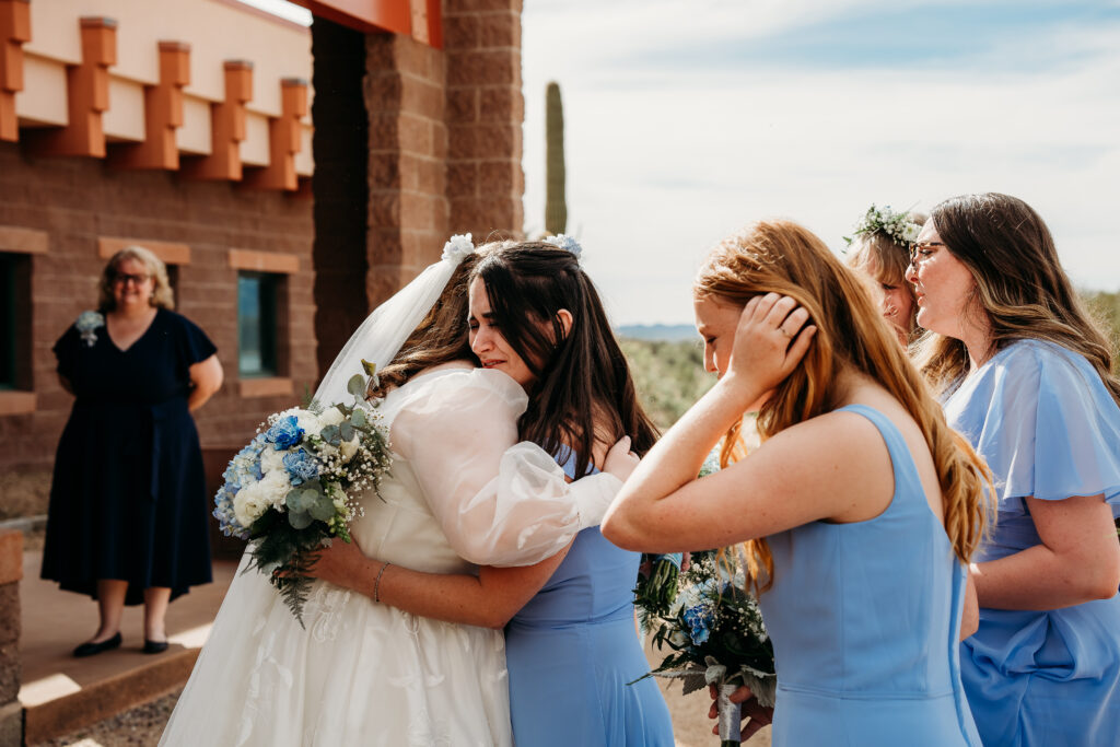 Bride first look with bridesmaids, bridesmaid in baby blue dresses, Desert Outdoor Center at Lake Pleasant