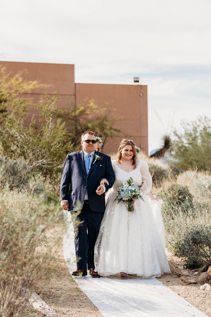 Desert Outdoor Center at Lake Pleasant wedding ceremony, father walking bride down aisle, desert wedding ceremony, arizona wedding photographer