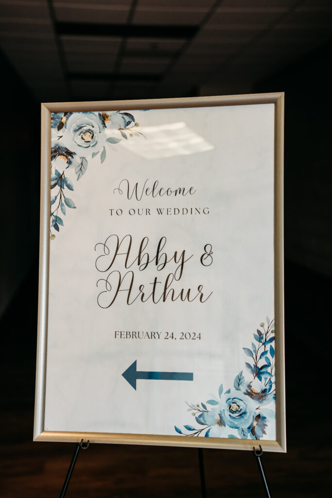 DIY welcome wedding signs, blue florals welcome sign