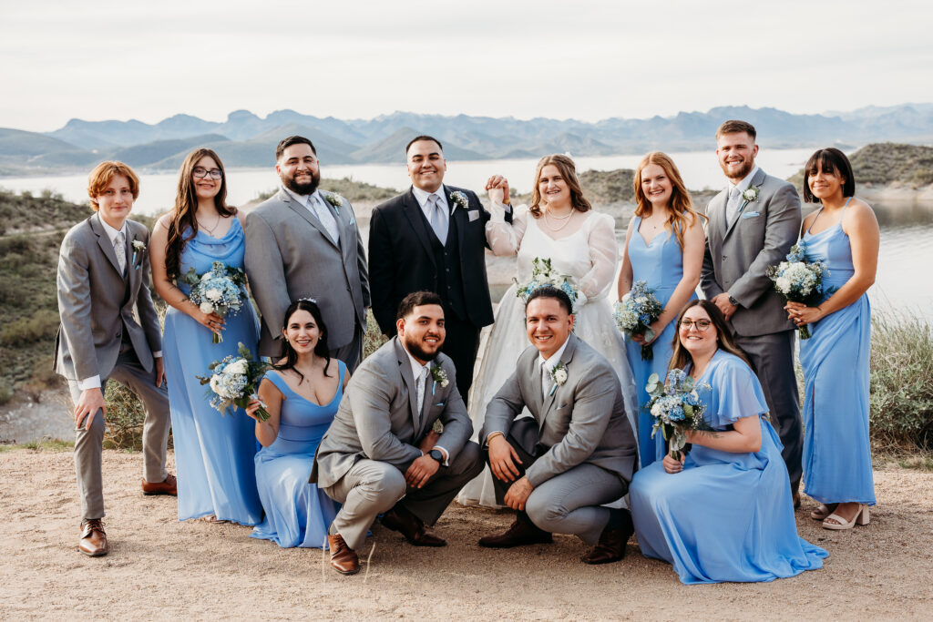 Desert Outdoor Center at Lake Pleasant, bride and bridesmaids, bridesmaid in long blue dress, groomsmen in grey suitswedding party poses