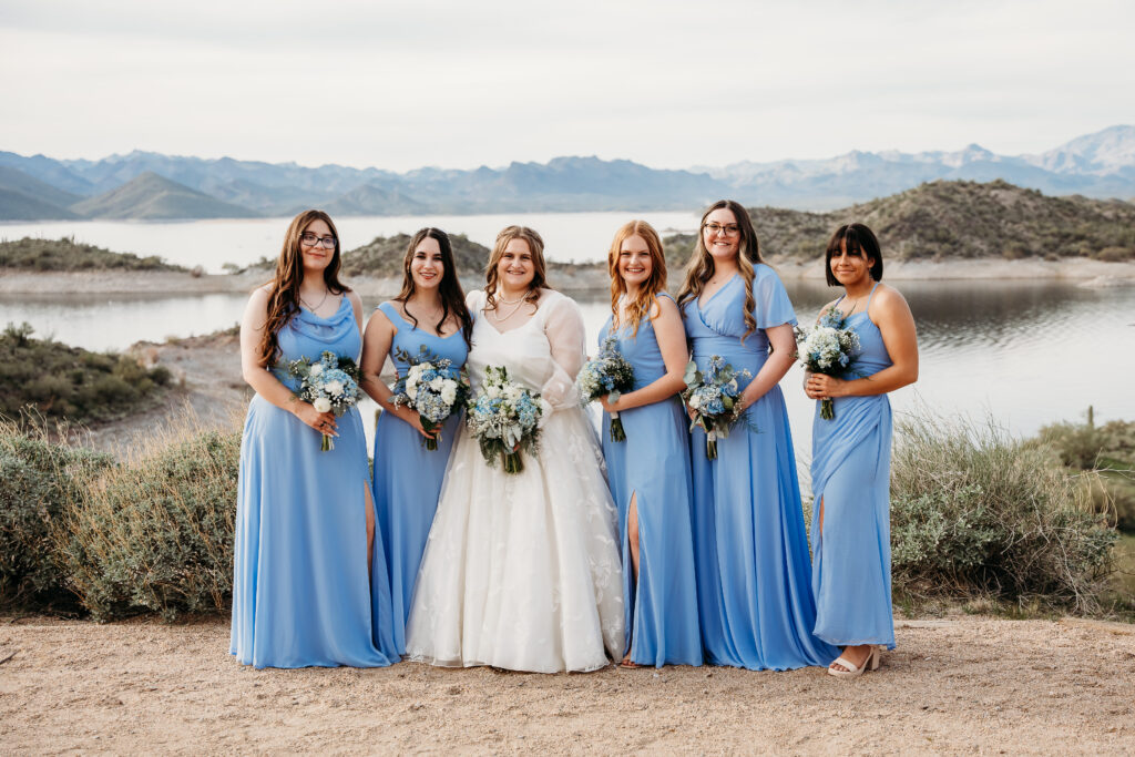 Desert Outdoor Center at Lake Pleasant, bride and bridesmaids, bridesmaid in long blue dress, wedding party poses