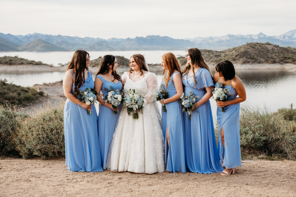 Desert Outdoor Center at Lake Pleasant, bride and bridesmaids, bridesmaid in long blue dress, wedding party poses