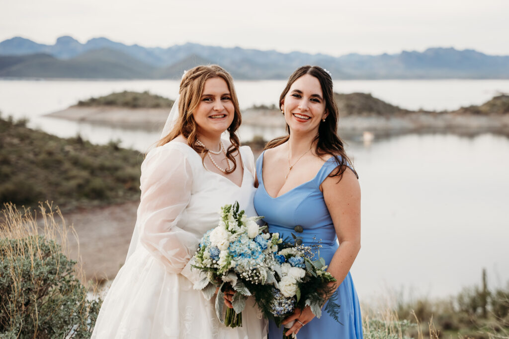 Desert Outdoor Center at Lake Pleasant, bride and bridesmaid, bridesmaid in long blue dress