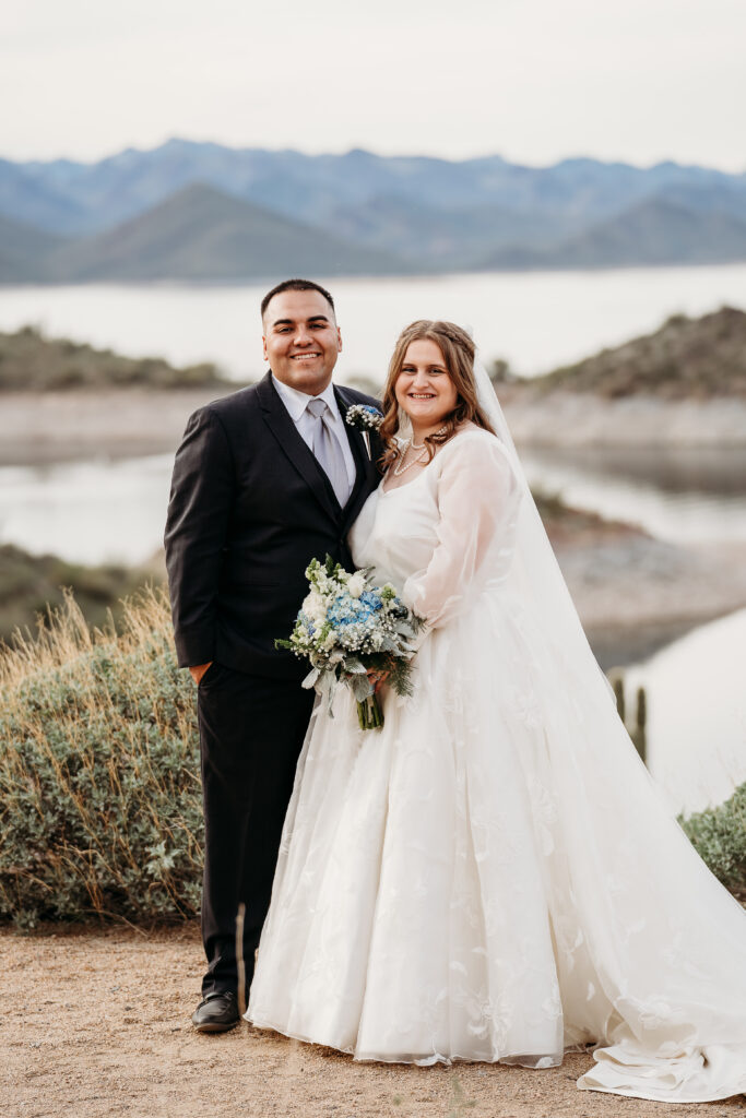 Desert Outdoor Center at Lake Pleasant, bride and groom poses, bride and groom with desert and lake backdrop, arizona wedding photographer