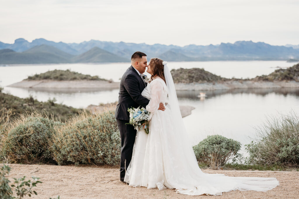 Desert Outdoor Center at Lake Pleasant, bride and groom poses, bride and groom with desert and lake backdrop