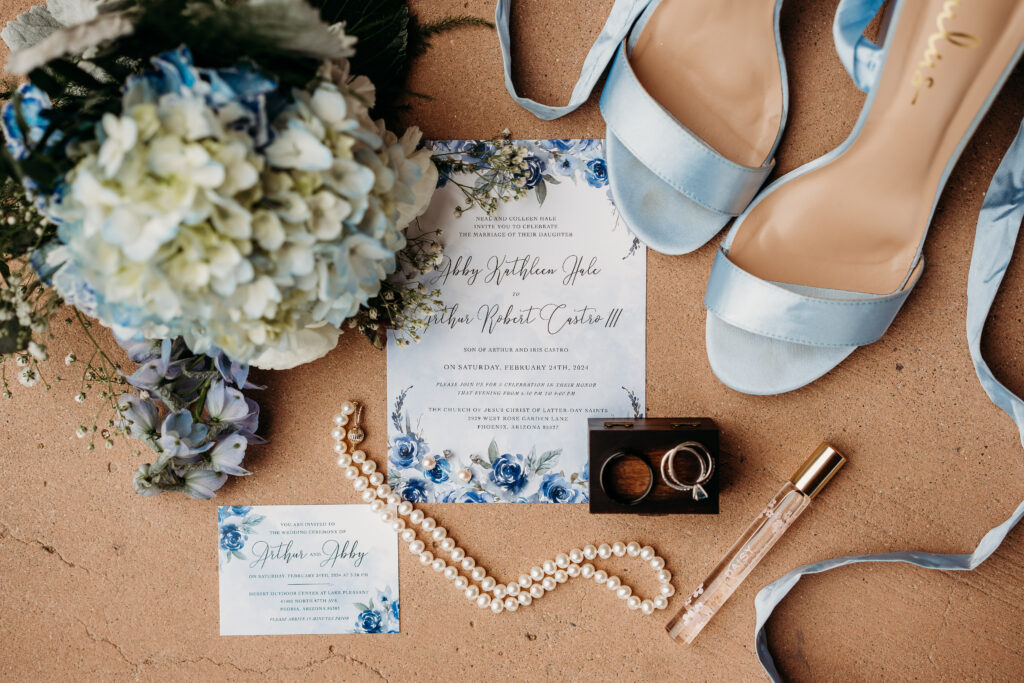 Wedding flat lay, arizona wedding photographer, blue and white florals, bleu hydrangea