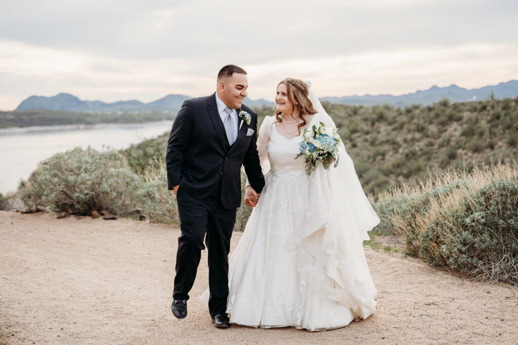 Desert Outdoor Center at Lake Pleasant, bride and groom poses, bride and groom with desert and lake backdrop